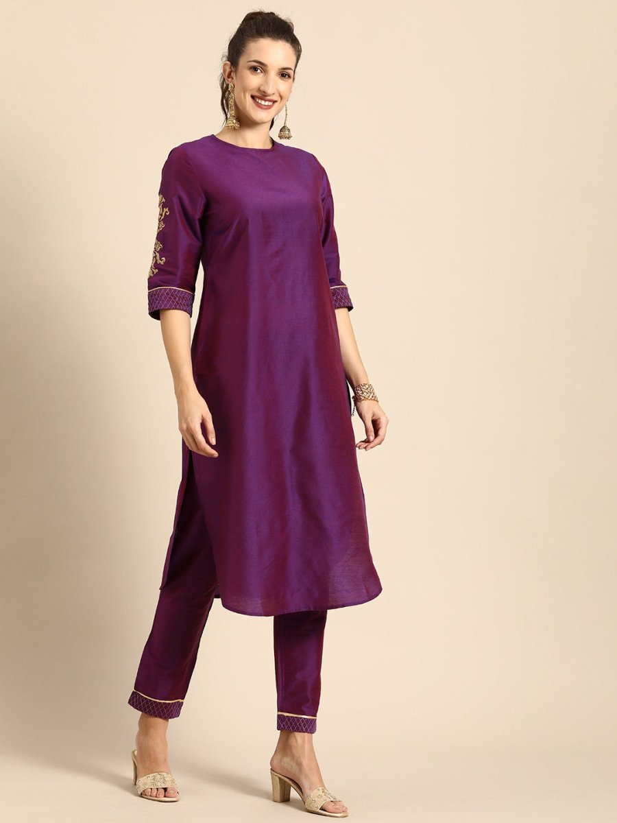 All About You Women Purple Zari Embroidered Regular Kurta with Trousers & Dupatta