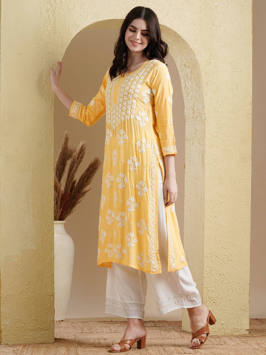 ADA Floral Lucknowi Chikankari Straight Kurta 
