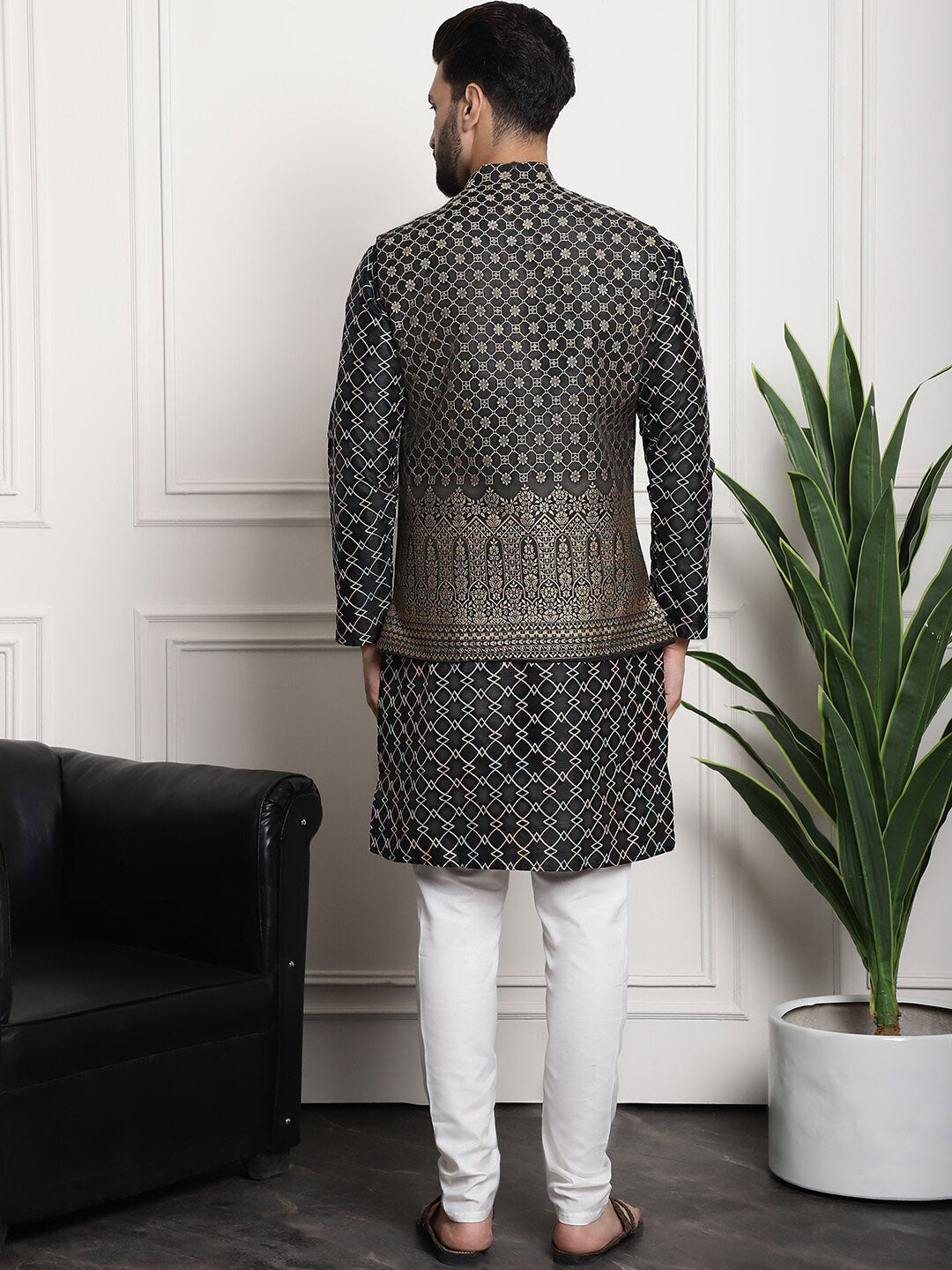 Sojanya Ethnic Motifs Woven Design Embroidered Straight Kurta & Churidar With Nehru Jacket 