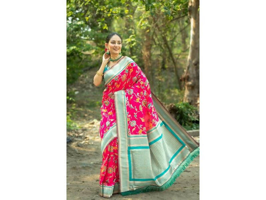Aastha Fashion Women's Rani Pink Banarasi Silk Meenakari Zari Woven Saree with Blouse - Grab2buy