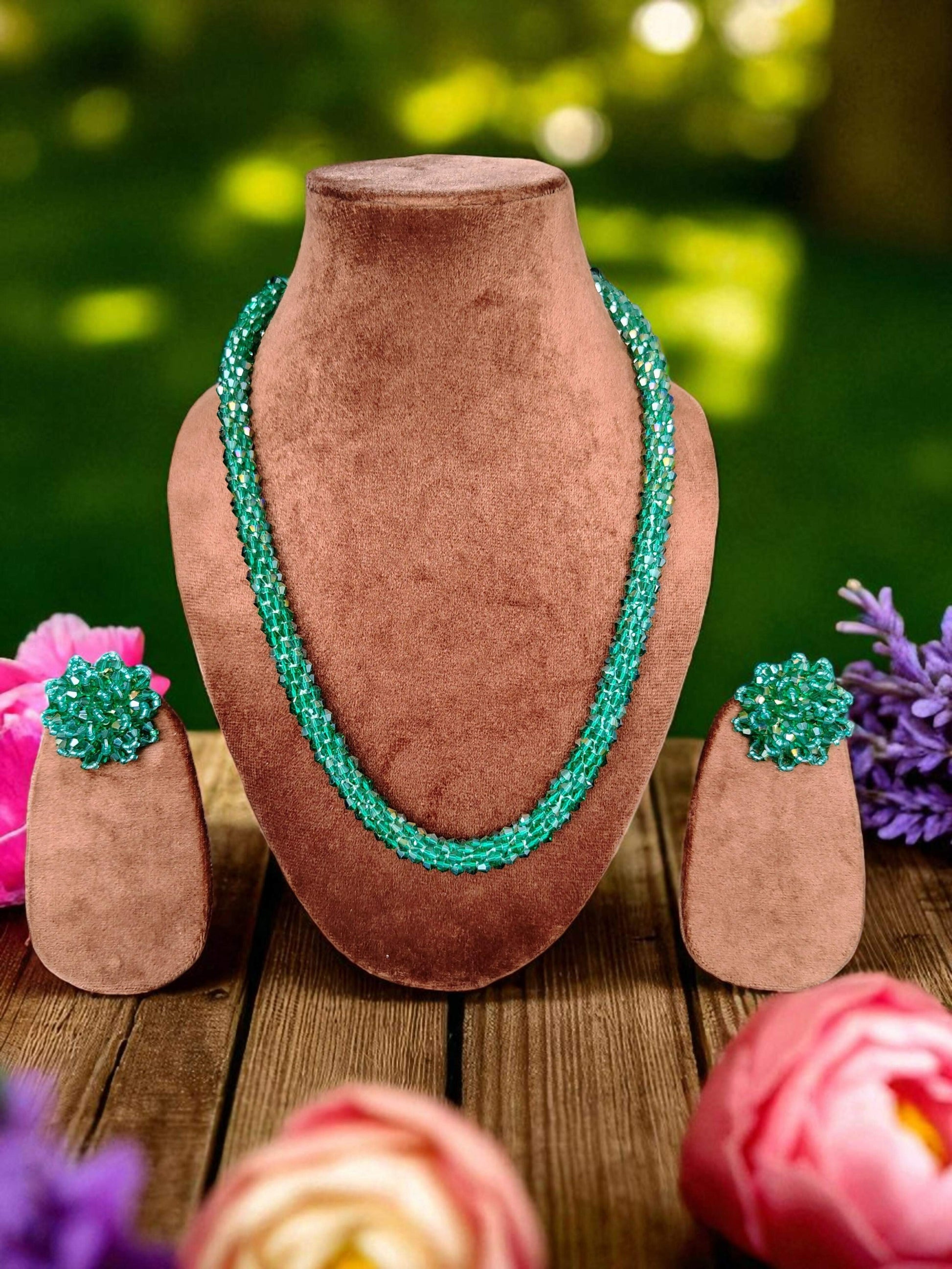 Inhanns Noor-E-Jalwa – Handmade Crystal Bead Necklace / Necklace With Earrings -Adjustable - Sea Green