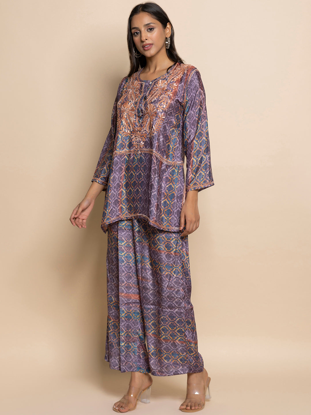 HOUSE OF KARI Floral Embroidered Regular Chikankari Straight Kurta with Palazzos 