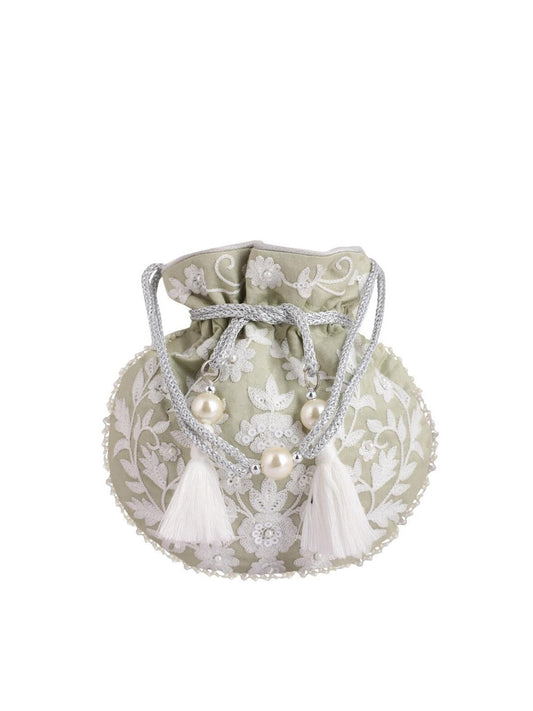 Masq Green & White Embellished Embroidered Potli Clutch - Grab2buy