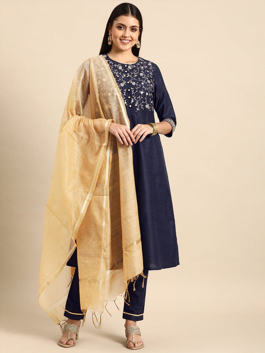 All About You Women Navy Blue Embroidered Kurta with Trousers & With Dupatta