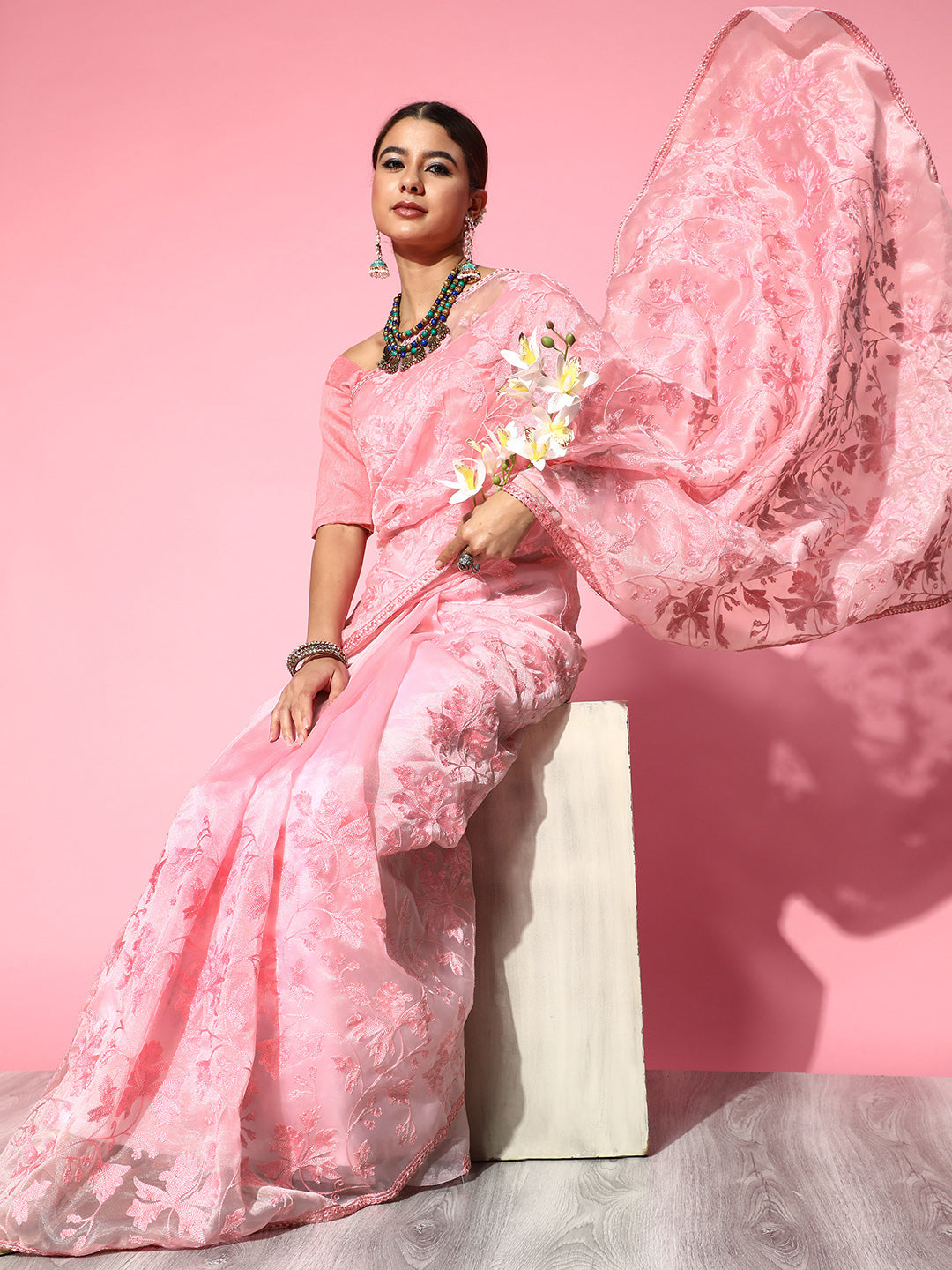 Saree Mall Pink Floral Embroidered Organza Saree