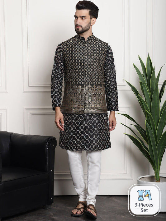 Sojanya Ethnic Motifs Woven Design Embroidered Straight Kurta & Churidar With Nehru Jacket 