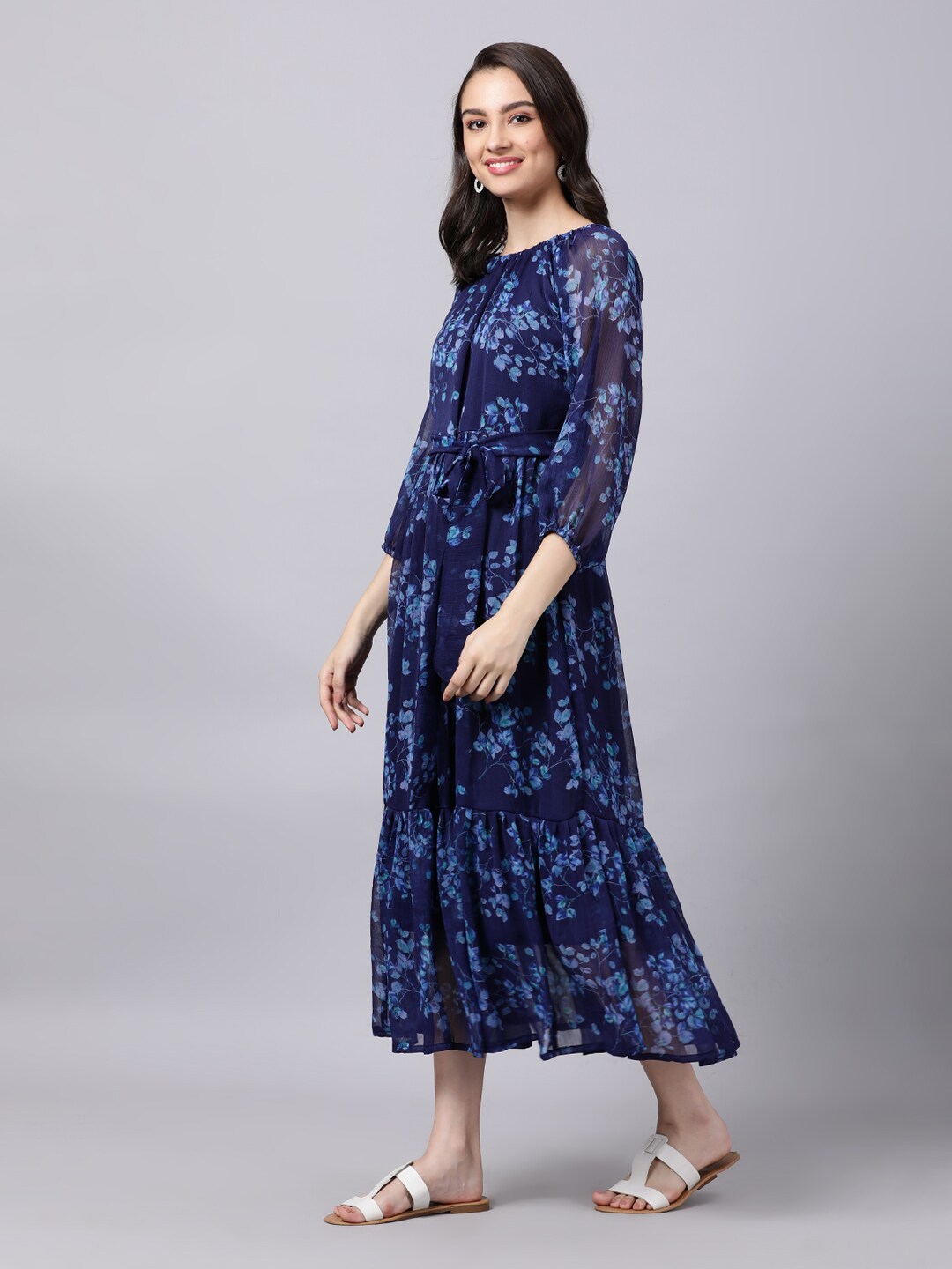 Souchii Navy Blue Floral Layered Chiffon A-Line Midi Dress 