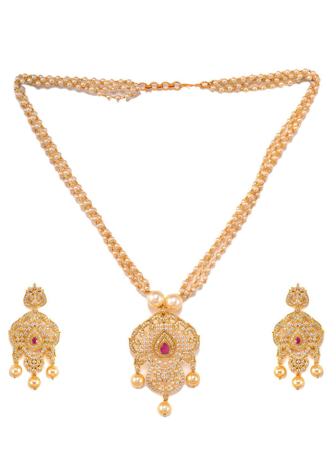 Saraf RS Jewellery Gold-Plated White & Magenta American Diamond Studded Jewellery Set - Grab2buy