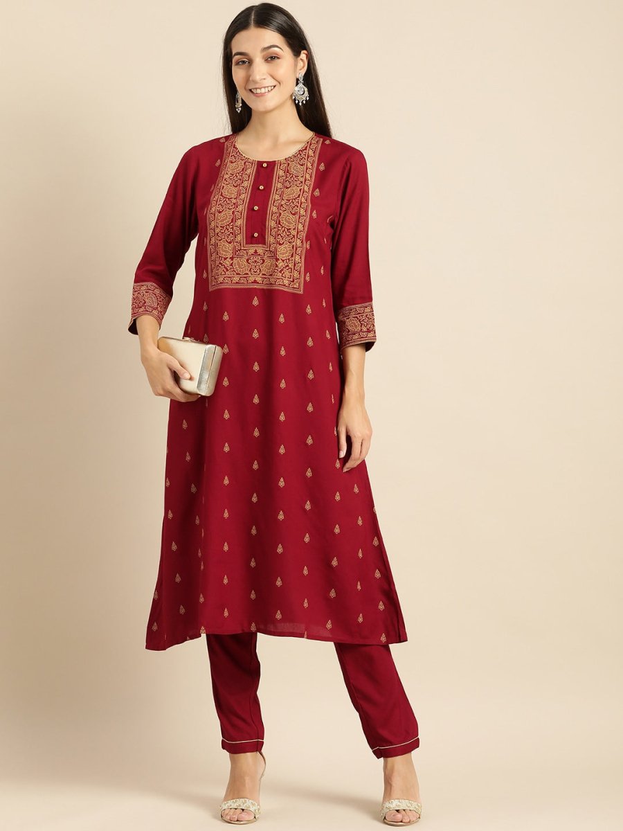 All About You Women Maroon Printed Kurta with Trousers