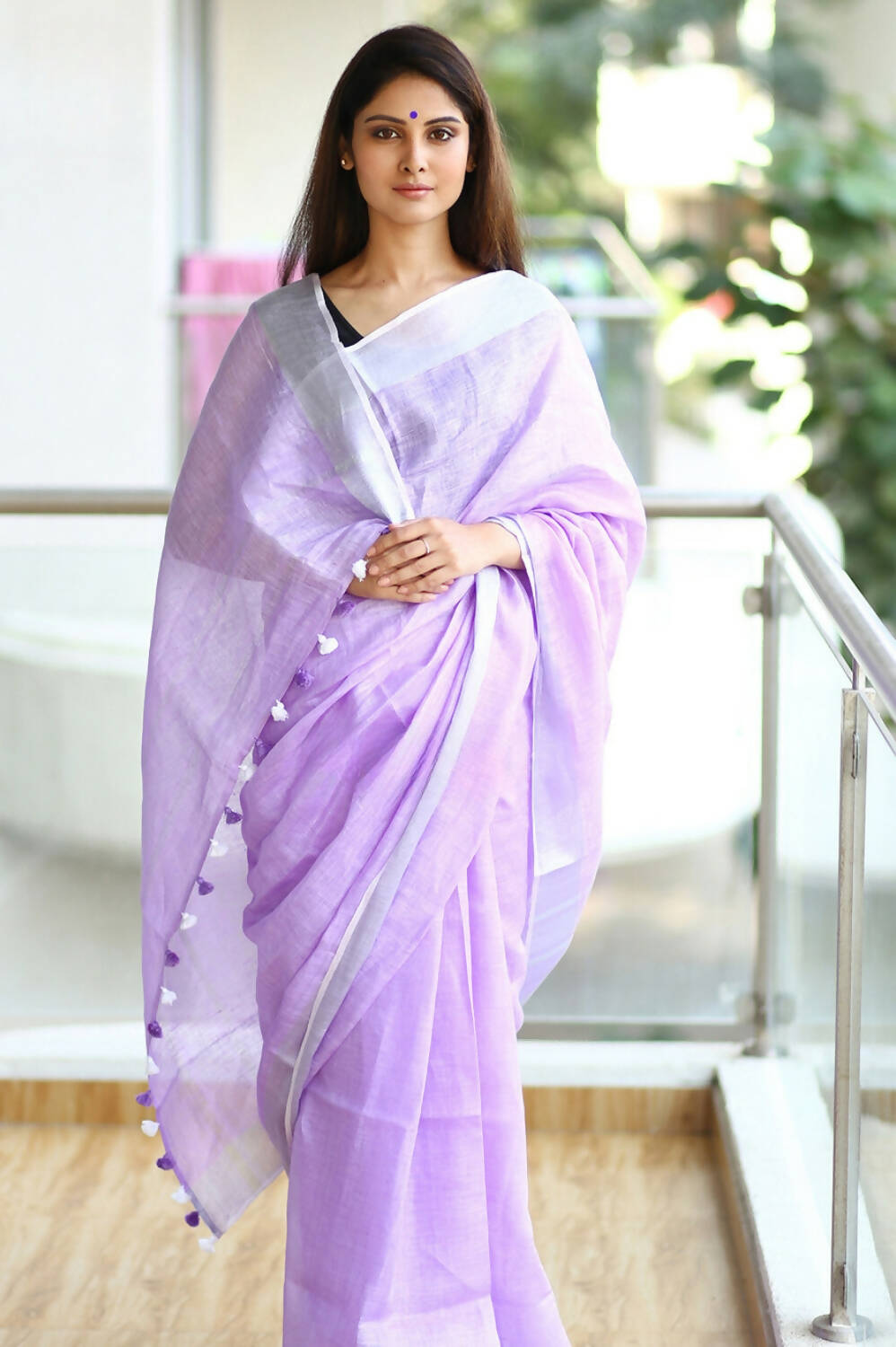 Very Much Indian Pure Linen Saree With Sleek Border And Exclusive Design - Lavender - Grab2buy