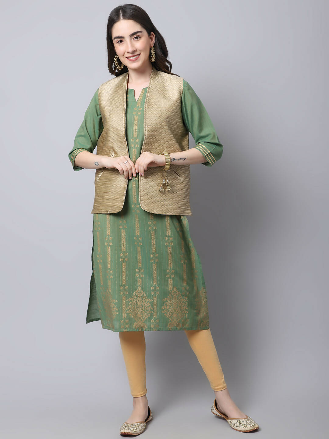 Even Apparels Beige Bansari Silk Open Front Gillet