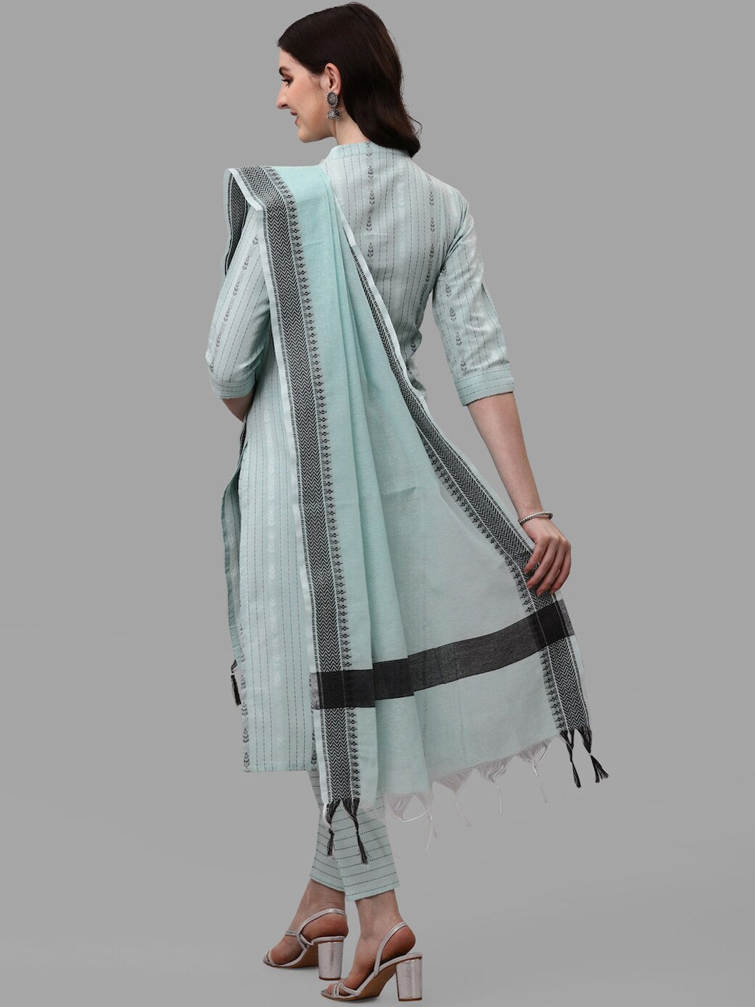 HERE&NOW Turquoise Blue Striped Regular Pure Cotton Kurta With Trousers & Dupatta