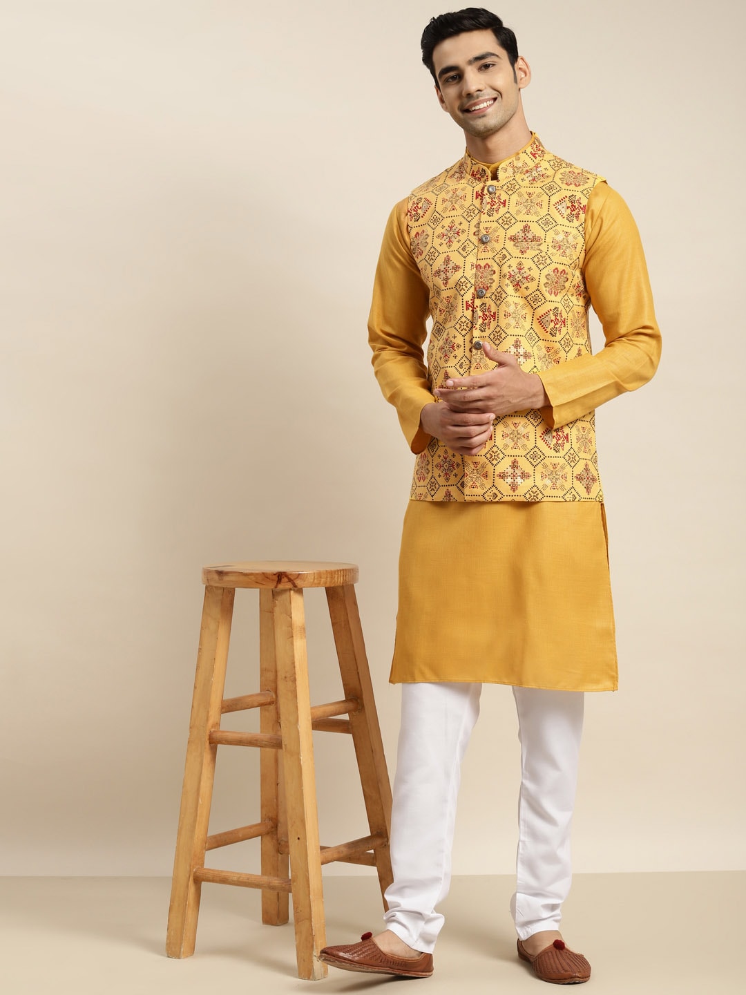 Sojanya Men Mustard Yellow Pure Cotton Kurta with Churidar & Nehru Jacket 