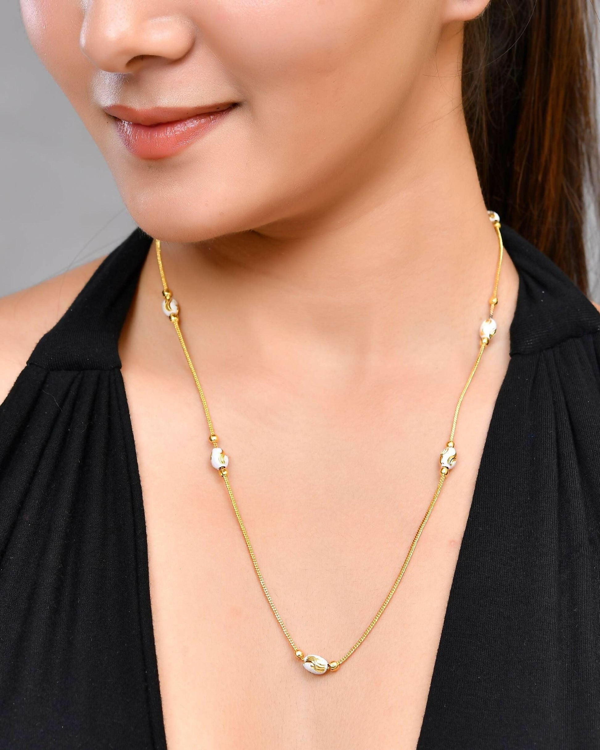 VOJ Gold-Polished Chain with White Hand Crafted Beads 