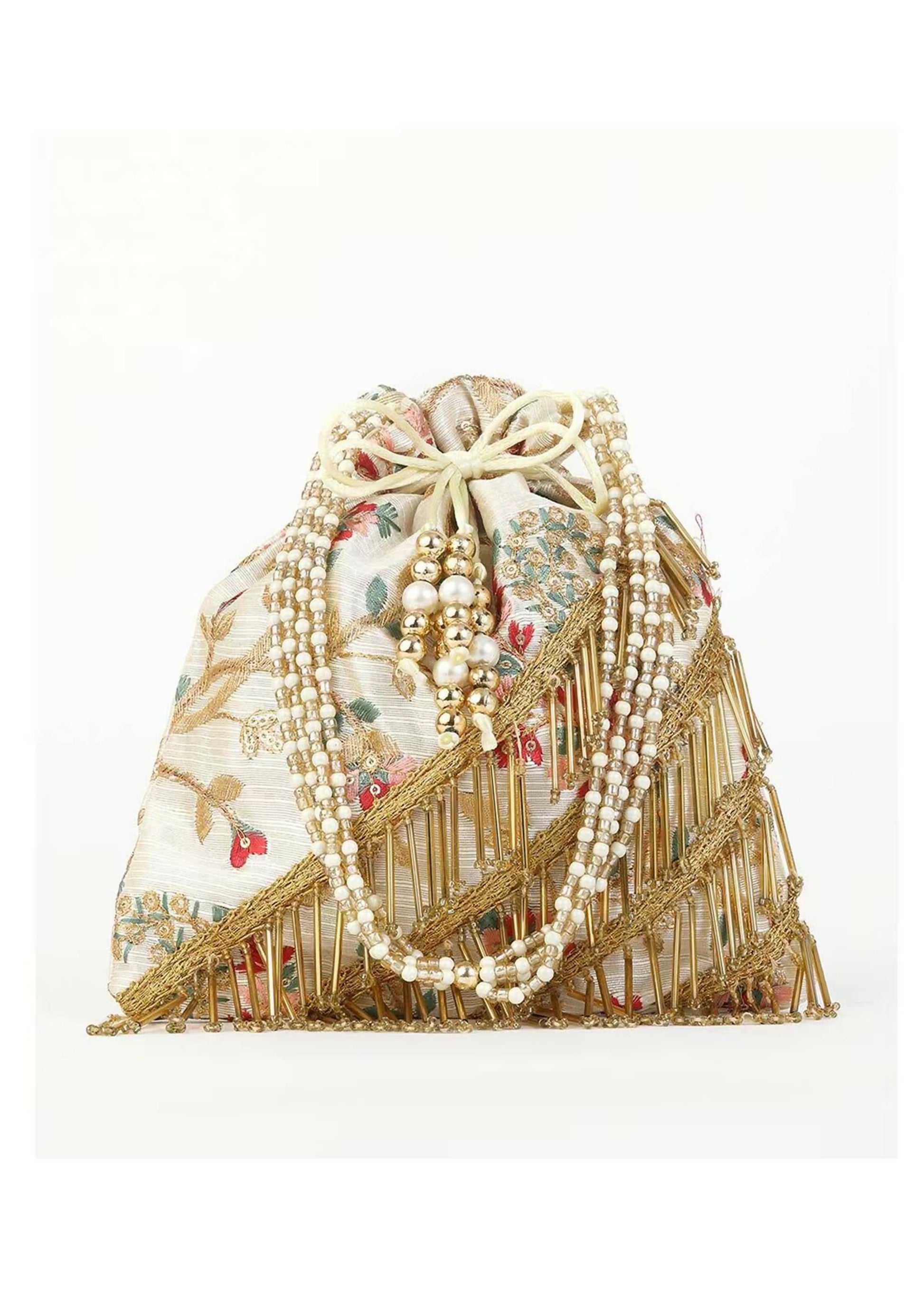 Joban Fashion Embroidered Potli Clutch With Pearl Strap - Multicolor