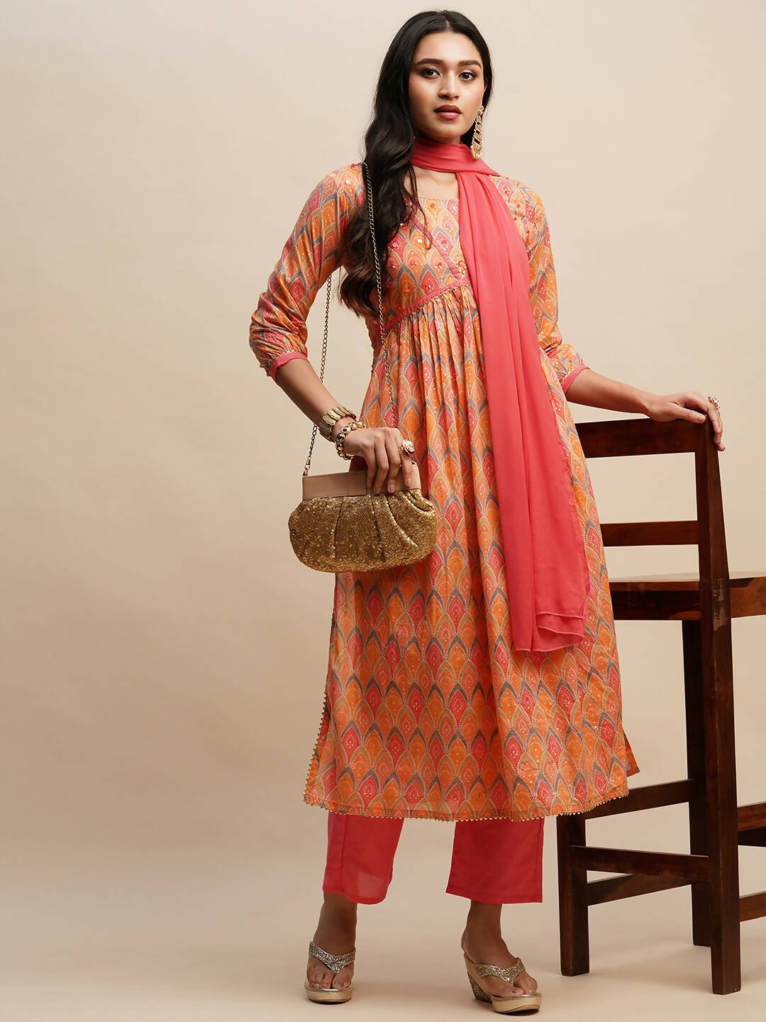 Orange Pure Cotton Bandhani Printed Naira Cut Kurta And Bottom With Dupatta - Akashara
