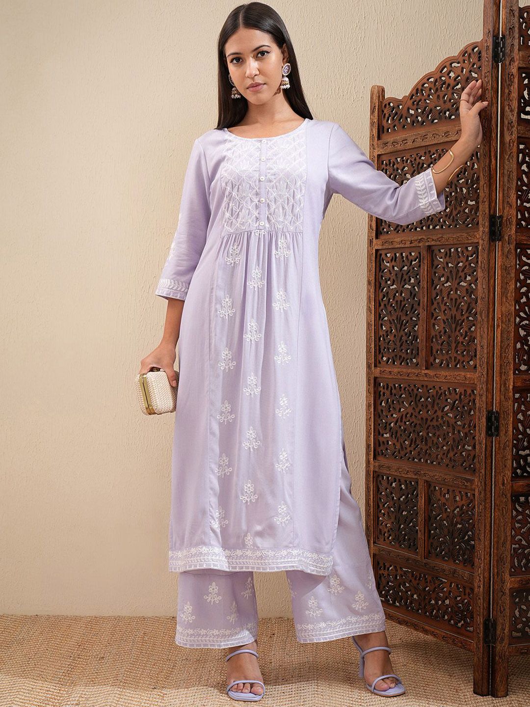 Vishudh Floral Embroidered Straight Kurta with Palazzos | Grab2Buy