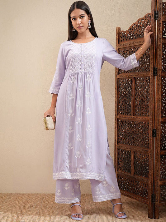 Vishudh Floral Embroidered Straight Kurta with Palazzos | Grab2Buy