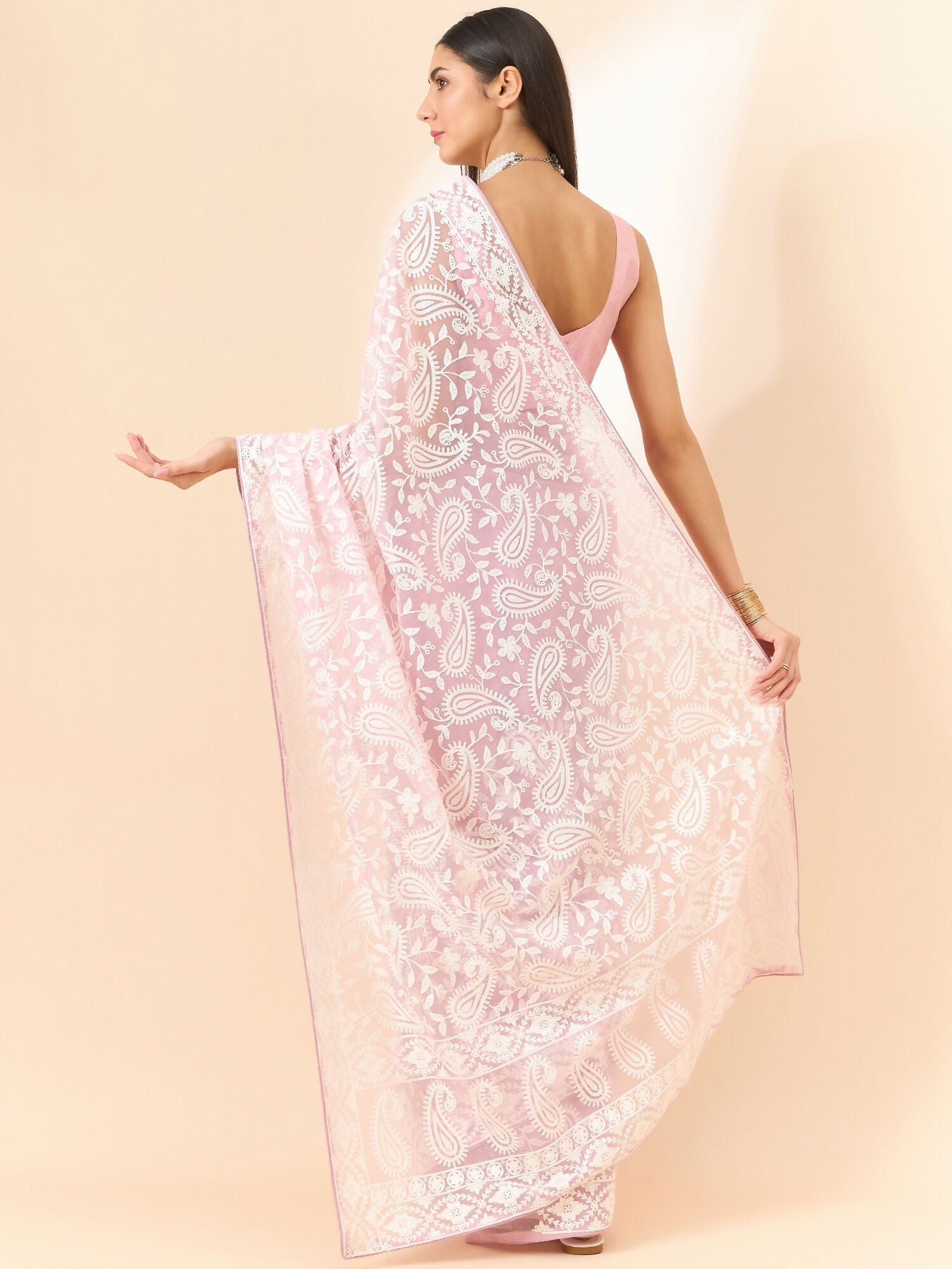 Purple Organza Paisely Embroidered Saree with Unstitched Blouse Piece - Roozal