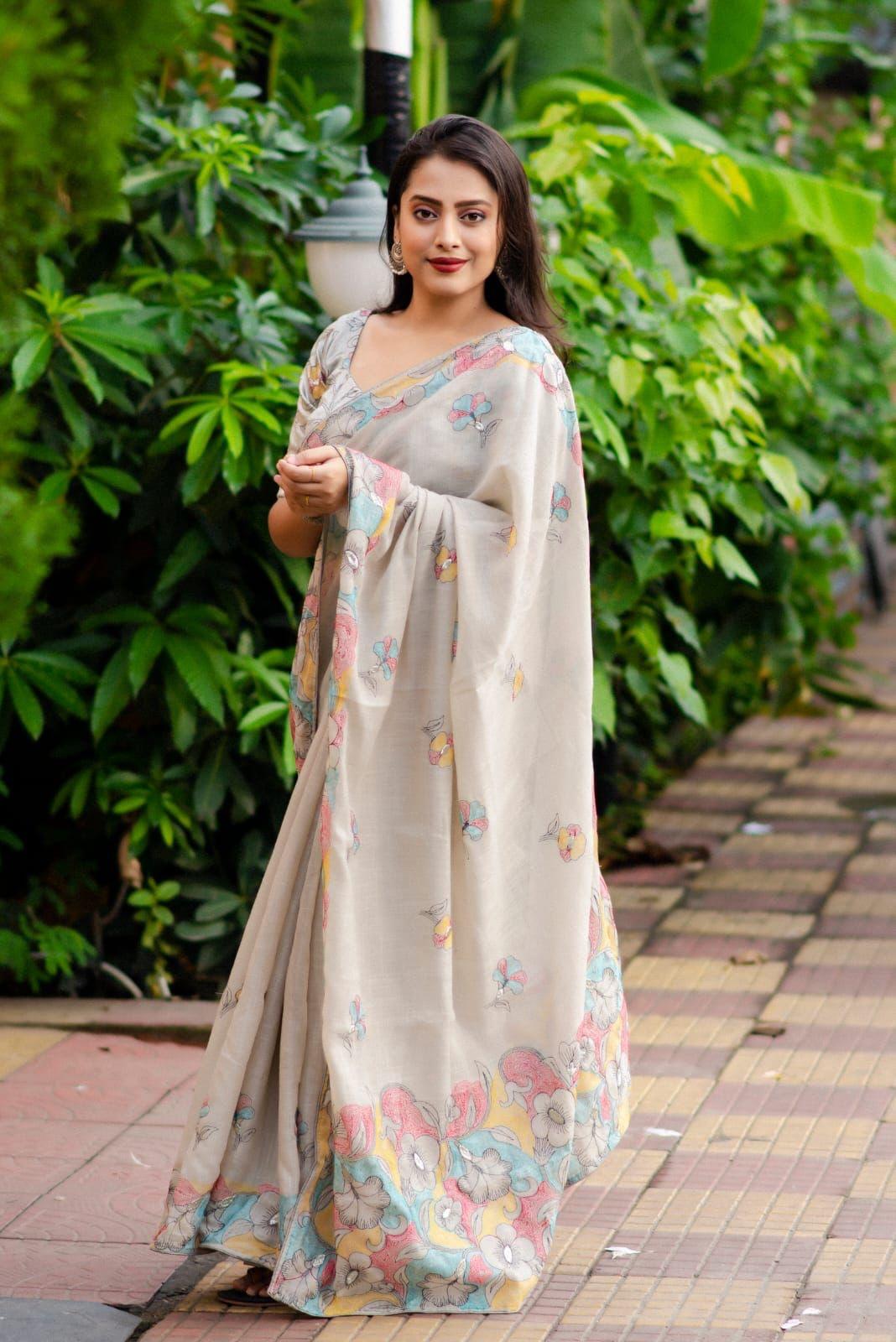 Grey Pure Linen Ethnic Motifs Saree with Unstitched Blouse - A2M