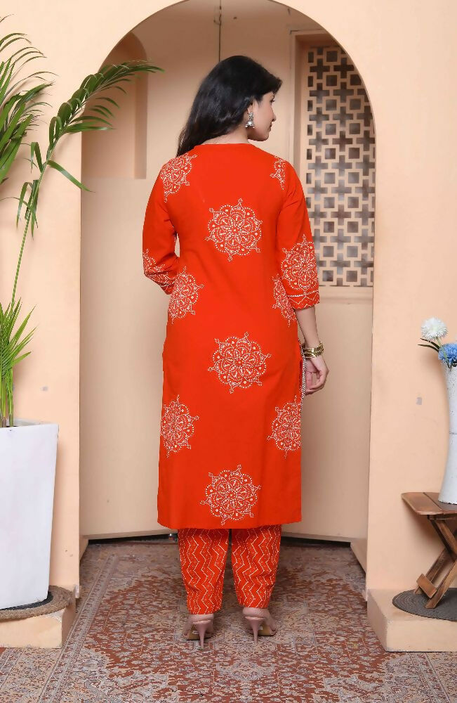 Miravan Womens Orange Floral Print Straight Kurta With Palazzo