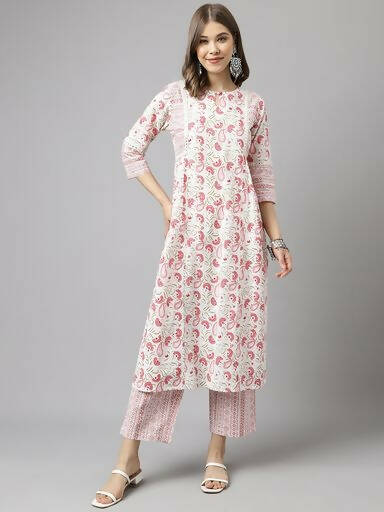 FIORRA Women's White Cotton A-line Kurta with Palazzo 