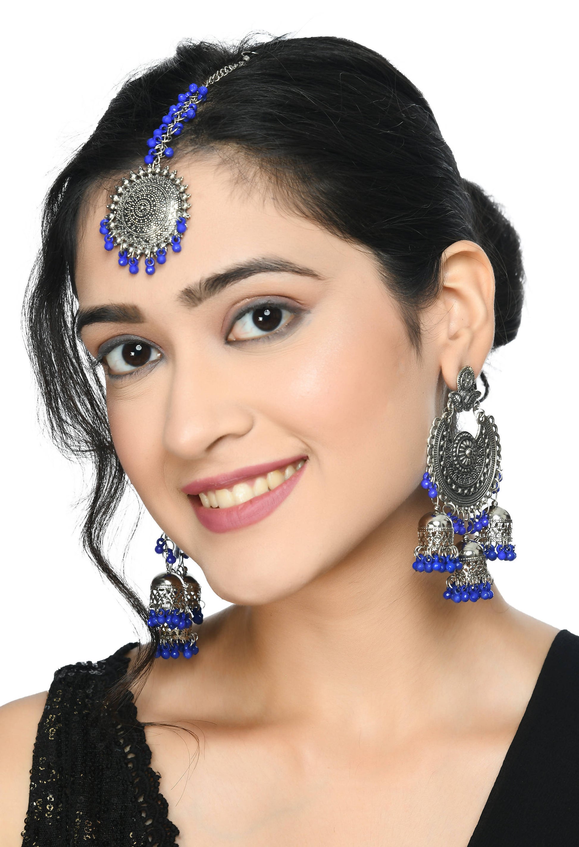 Mominos Fashion Johar Kamal Silver Jhumkas With Maang Tikka Earrings 