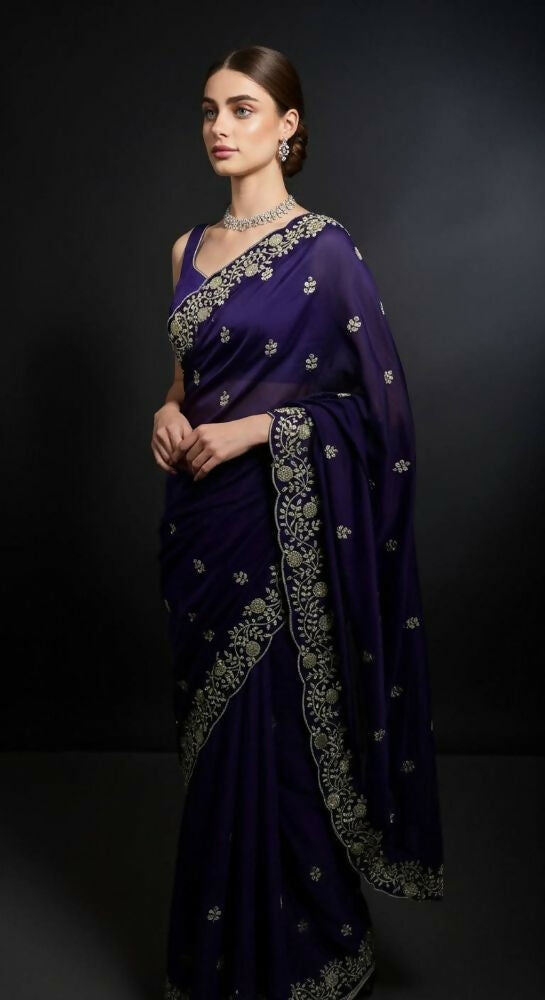 Joban Fashion Blue Fandy Satin Silk Party Wear Sarees
