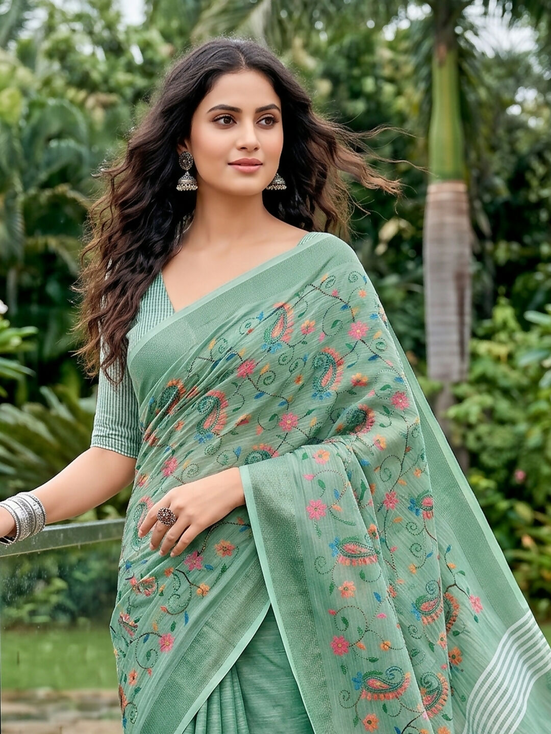 Shree Shyam Fashion Sea Green Linen Saree