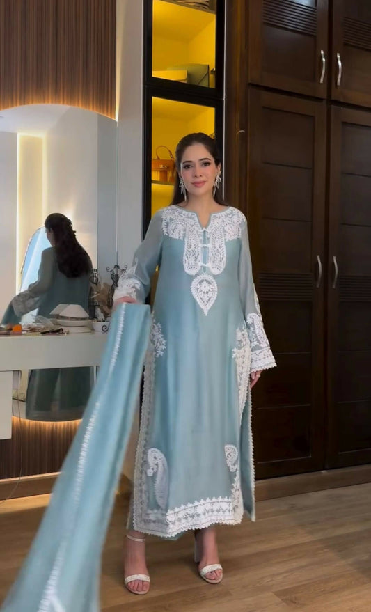 Teeya Creation Womenes New Trendy Heavy Embroidery Work KurtaTeeya Creation Womenes New Trendy Heavy Embroidery Work Kurta Plazzo Set - Blue Set - Blue