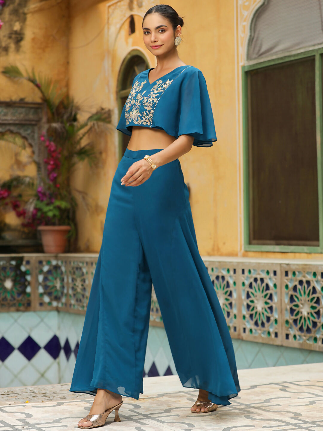 Janasya Teal Blue Georgette Yoke Embroidery Co-Ords 