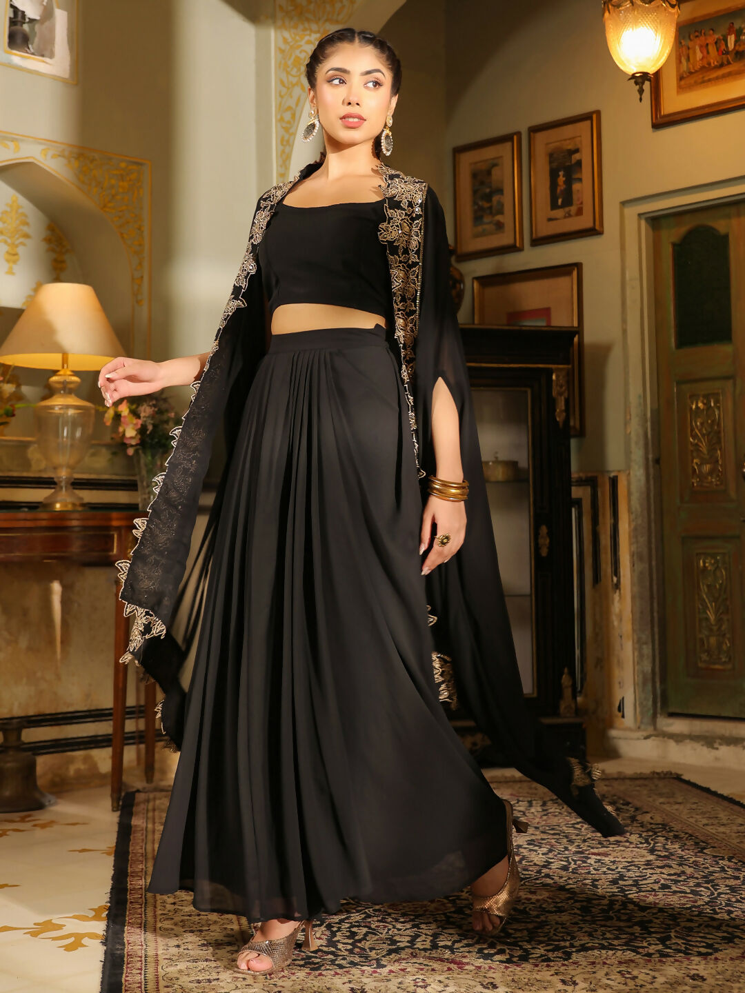 Janasya Black Georgette Solid Top Bottom Cape 