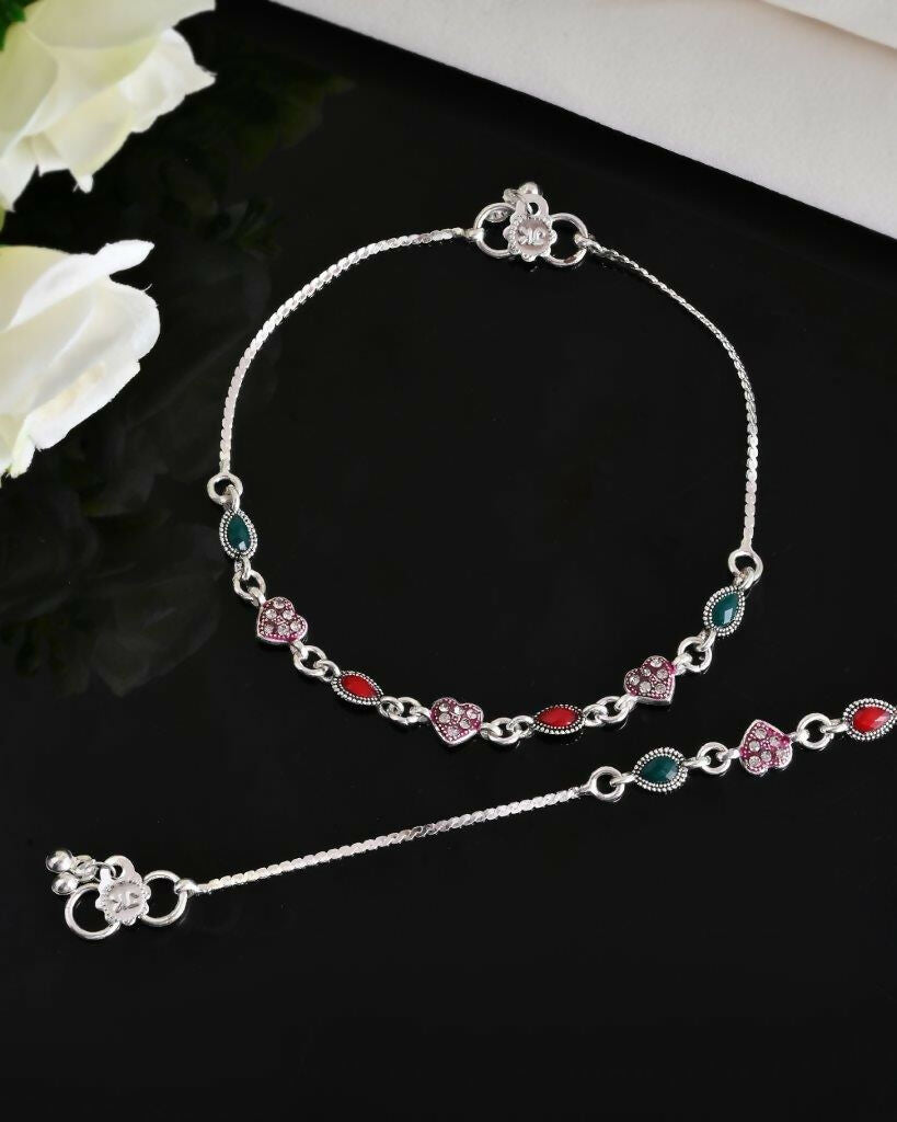 VOJ Set of 2 Silver Plated Heart Shaped Multi Color Anklet 