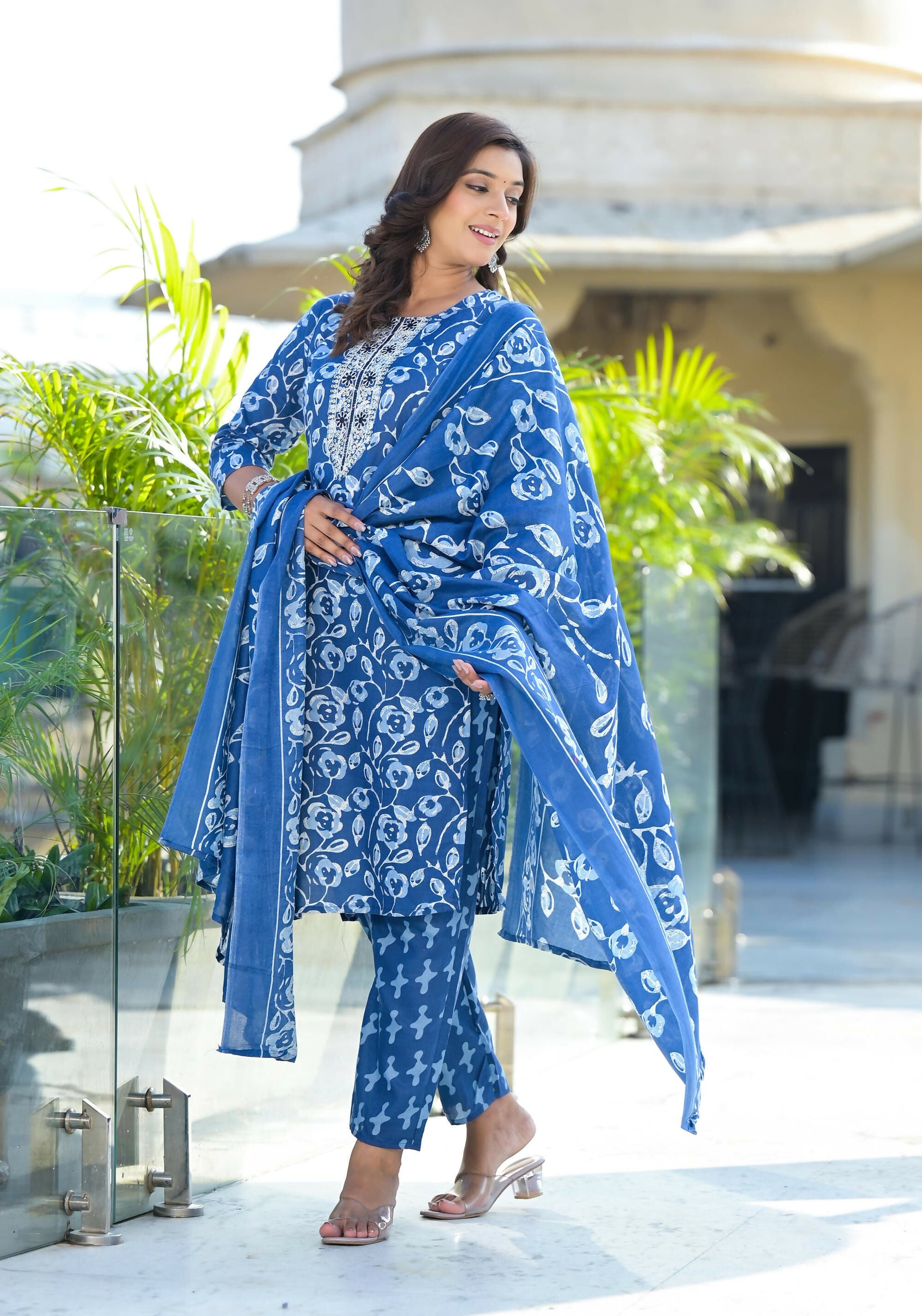 Juniper Women's Blue Floral Printed Cotton Kurta Set With Thread Work & Sequins