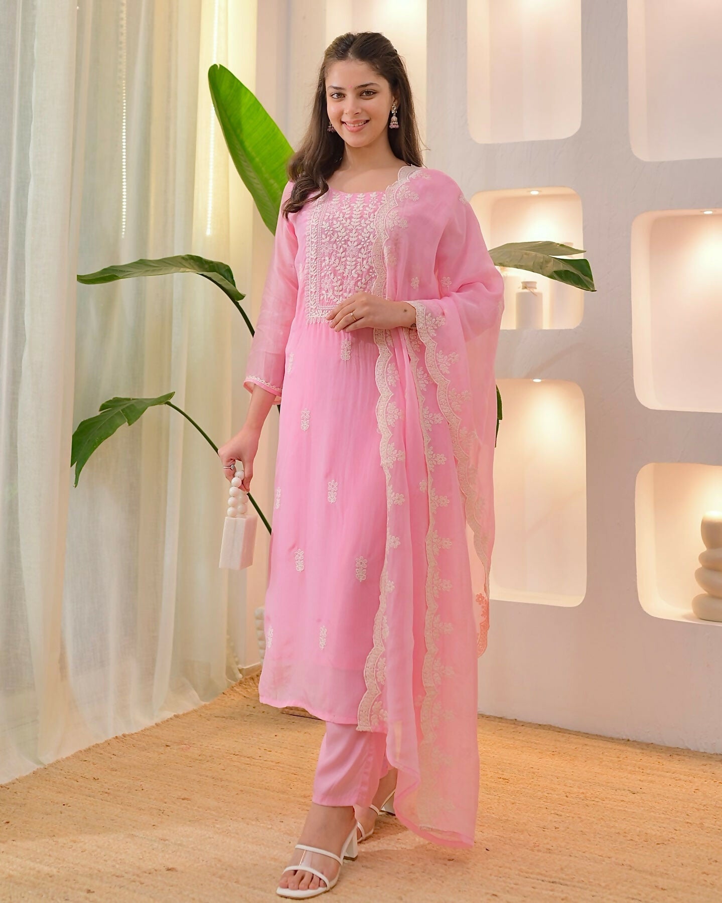 The52 Pink Women's Beautiful Chikankari Work Chanderi Fabric Straight Kurta Pant and Dupatta Set | Grab2Buy