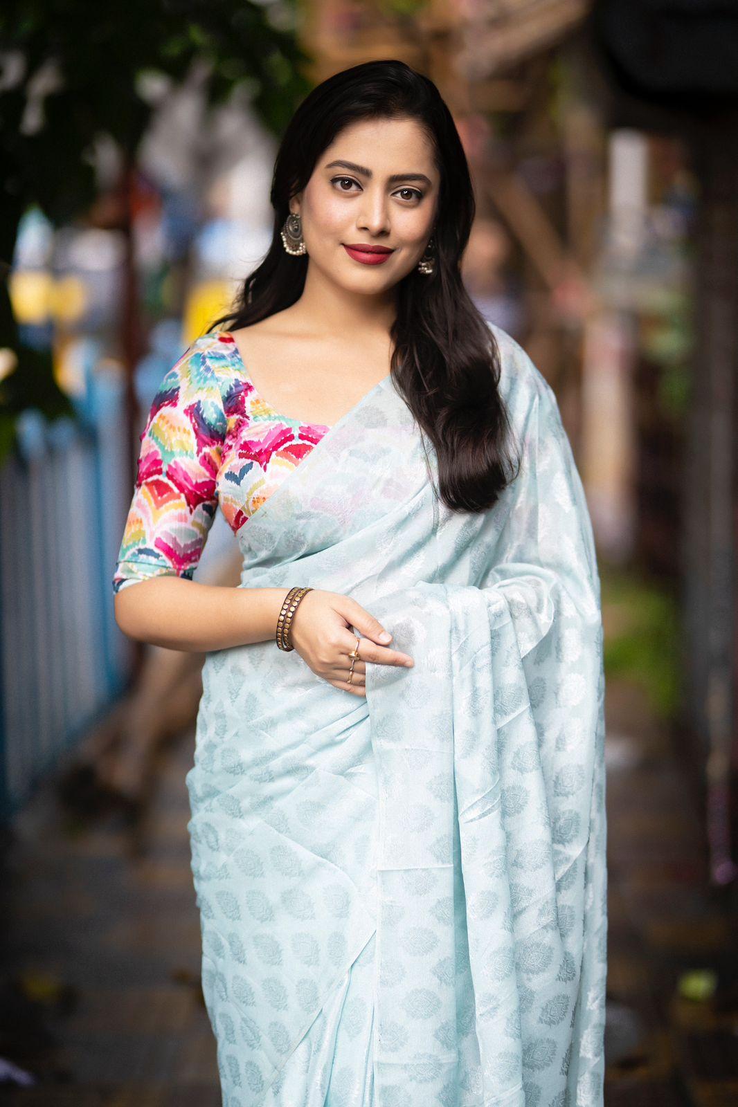 Blue Poly Crepe Ethnic Motifs Saree with Unstitched Blouse - A2M