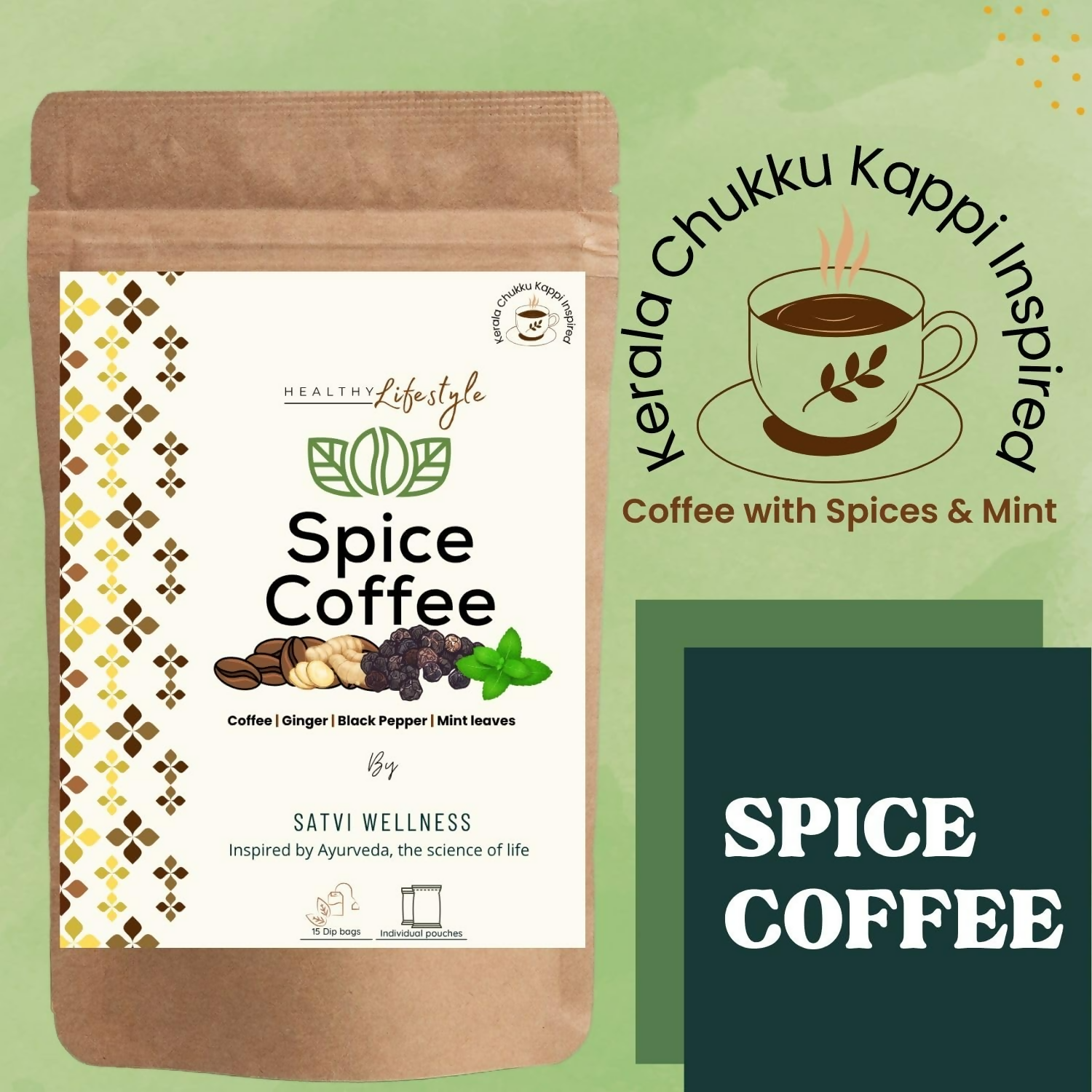 Satvi Wellness Chukkukappi With Mint Spice Coffee With Ginger, Black Pepper In Biodegradable Tea Bags | Spice and Mint Coffee | Herbal Infusions 
