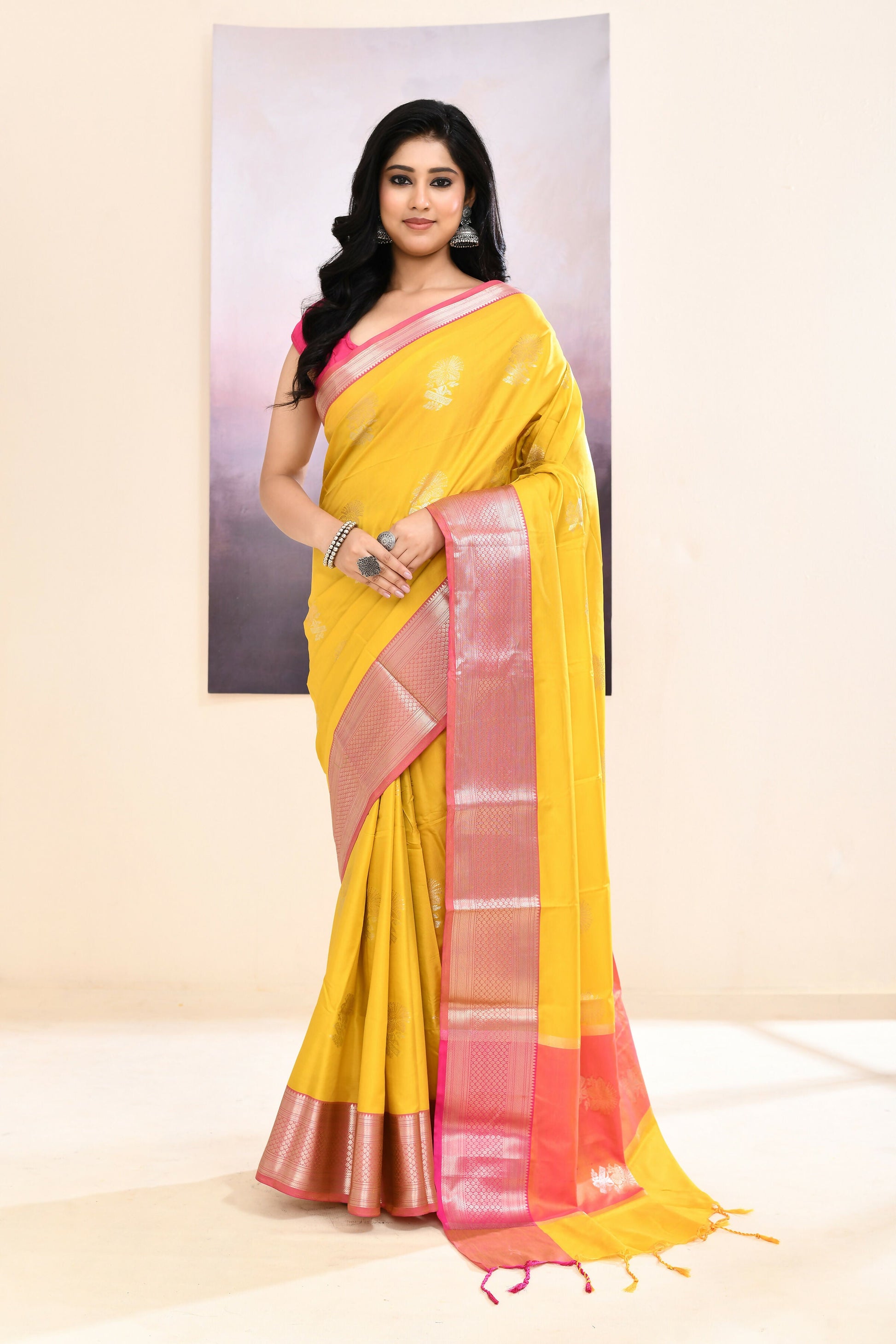 Piyari Fashion Women's Mustard Yellow Embellished Silk Saree