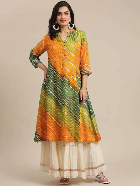 Varanga Mustard Yellow & Green Bandhani Dyed Anarkali Kurta - Grab2buy