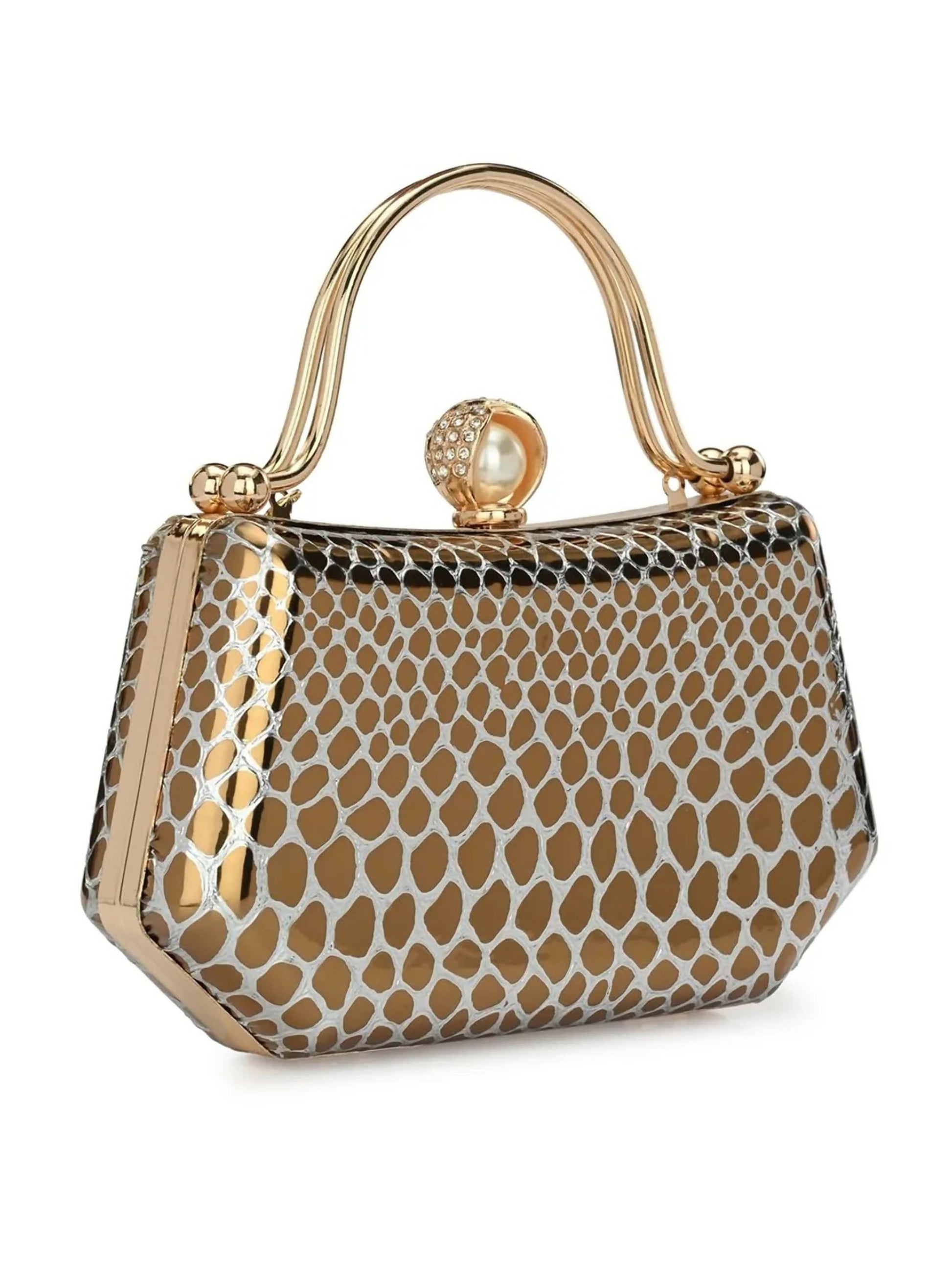Joban Fashion Printed Embellished Box Clutch - Golden