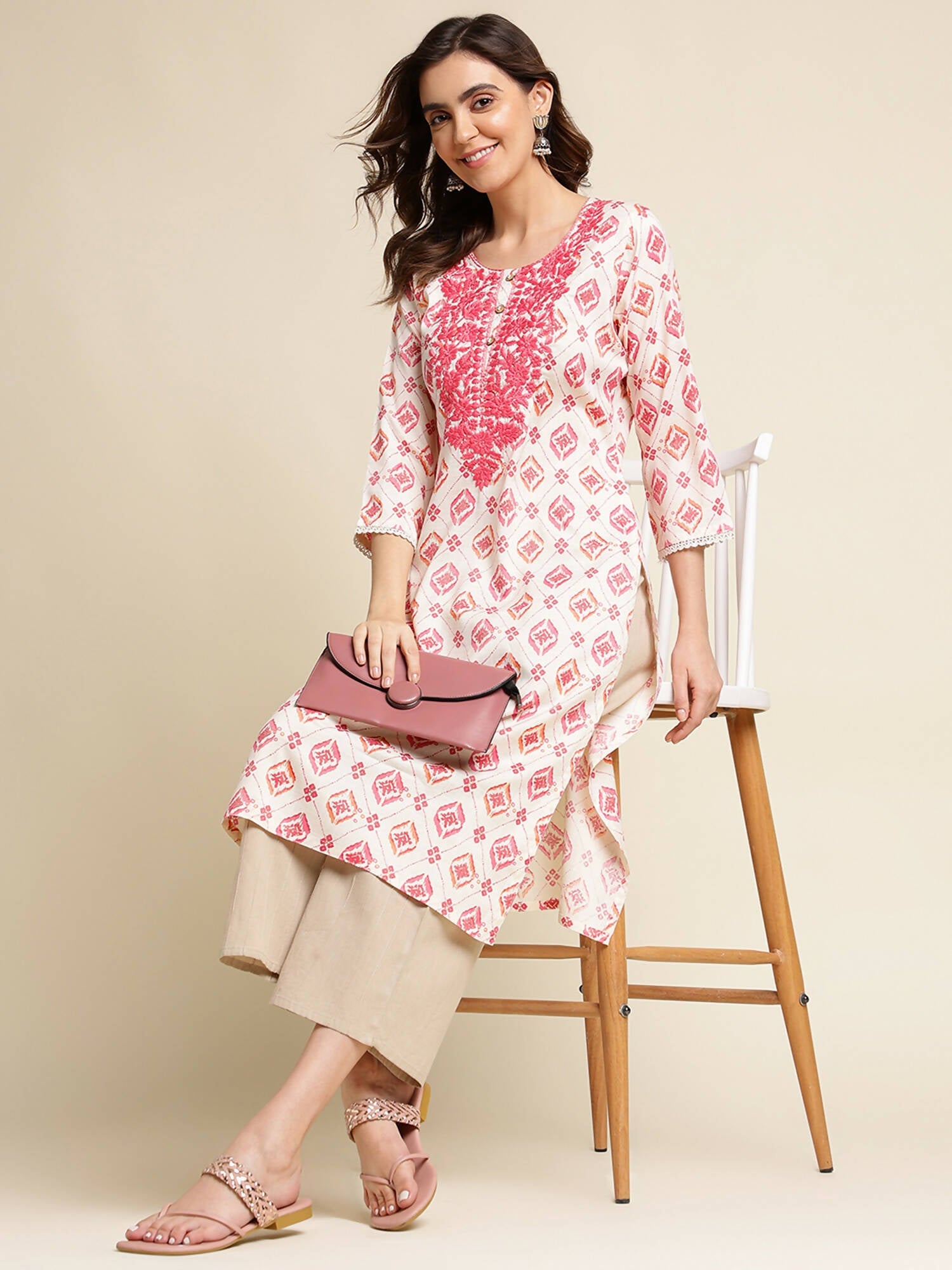Pink Poly Rayon Aztec Printed Straight Fit Kurta - Prasuti
