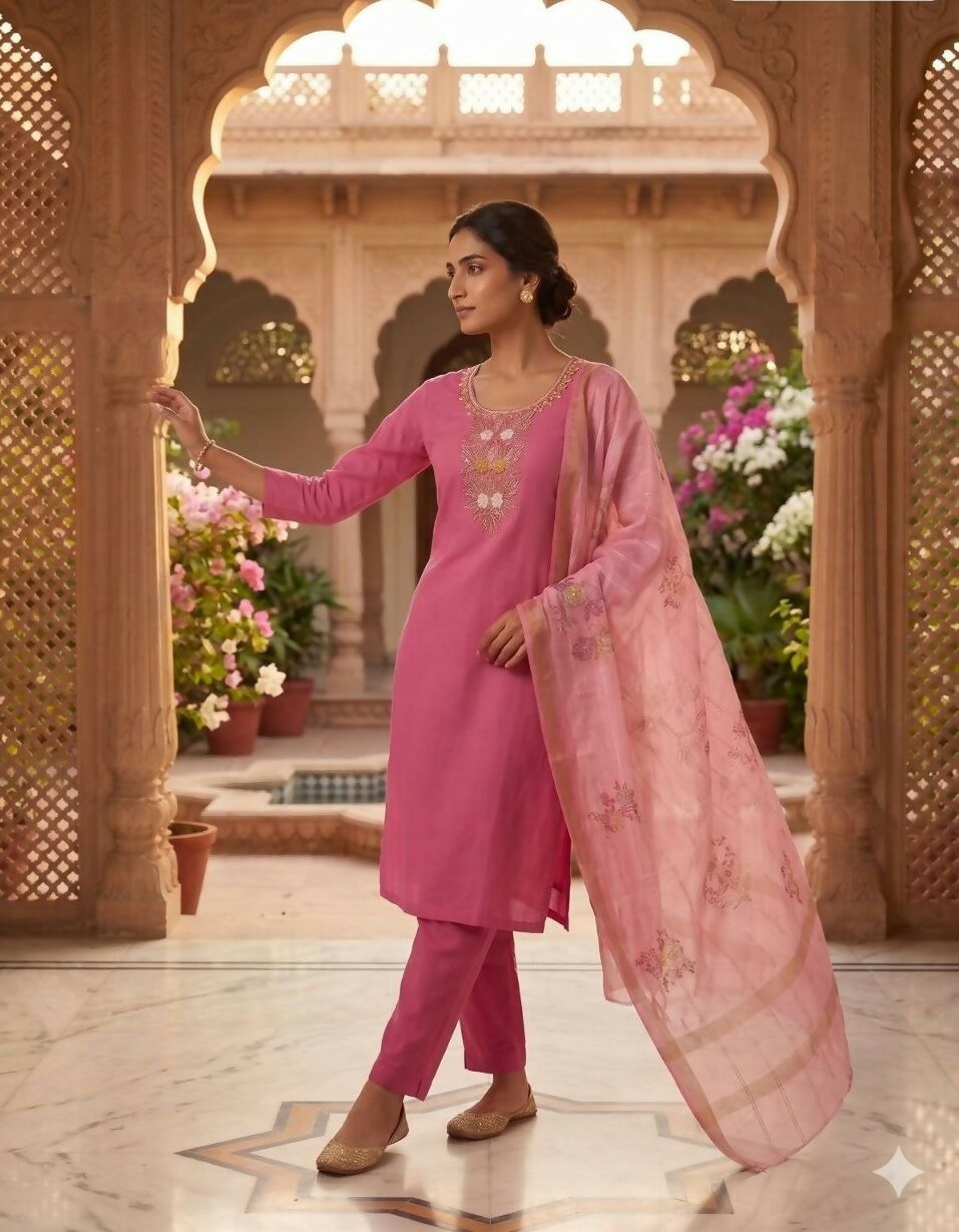Teeya Creation Womens New Fancy Premium Mul Chanderi Kurta Set - Pink