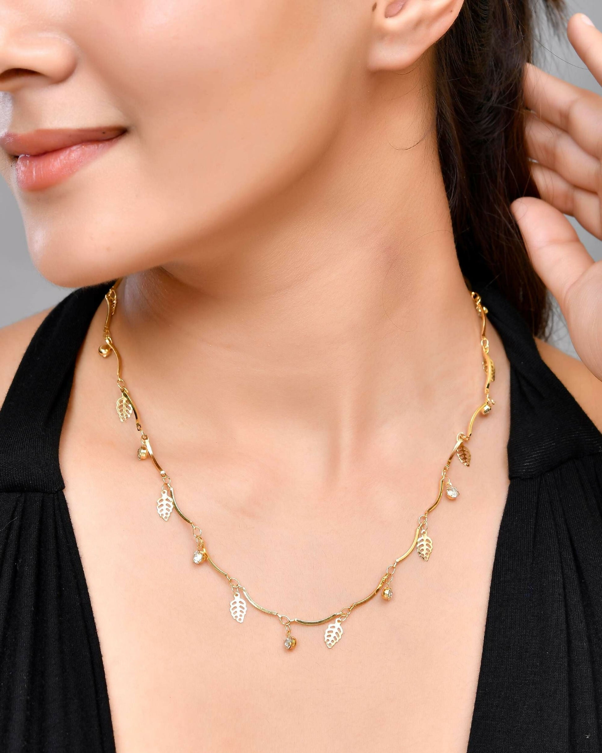 VOJ Gold-Polished Designer Chain For Women With AD Stone And Leaf 