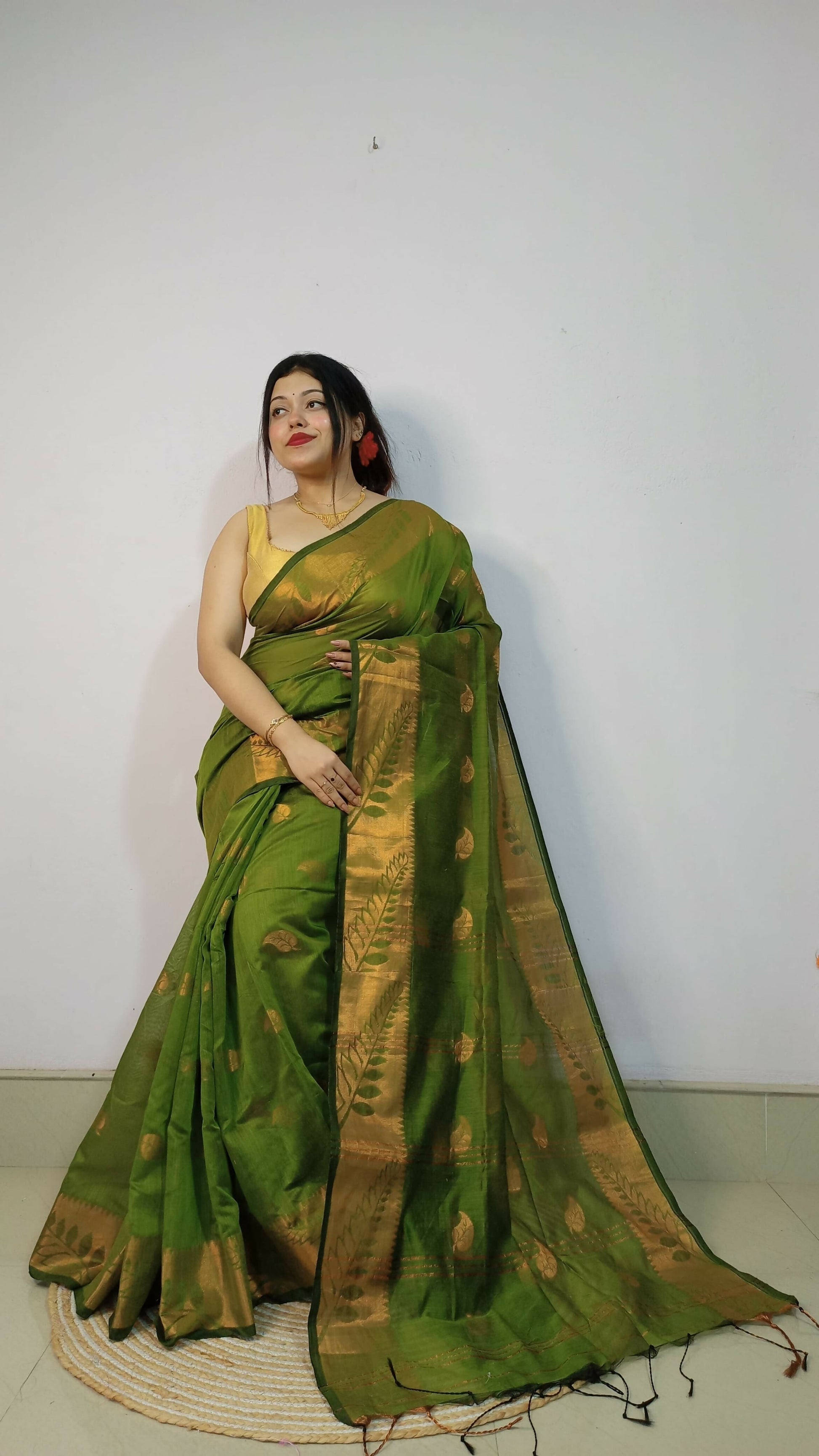 Exclusive Collection Beautiful Olive Green Cotton Silk Woven Handloom Grab2Buy With Running Blouse Piece 