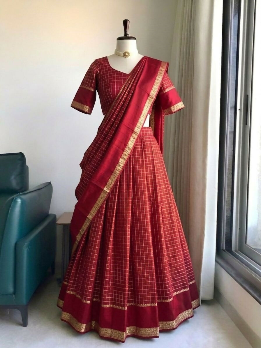Teeya Creation New South Indian Silk Checked Half Saree Lehenga Choli with Zari Border-Orange