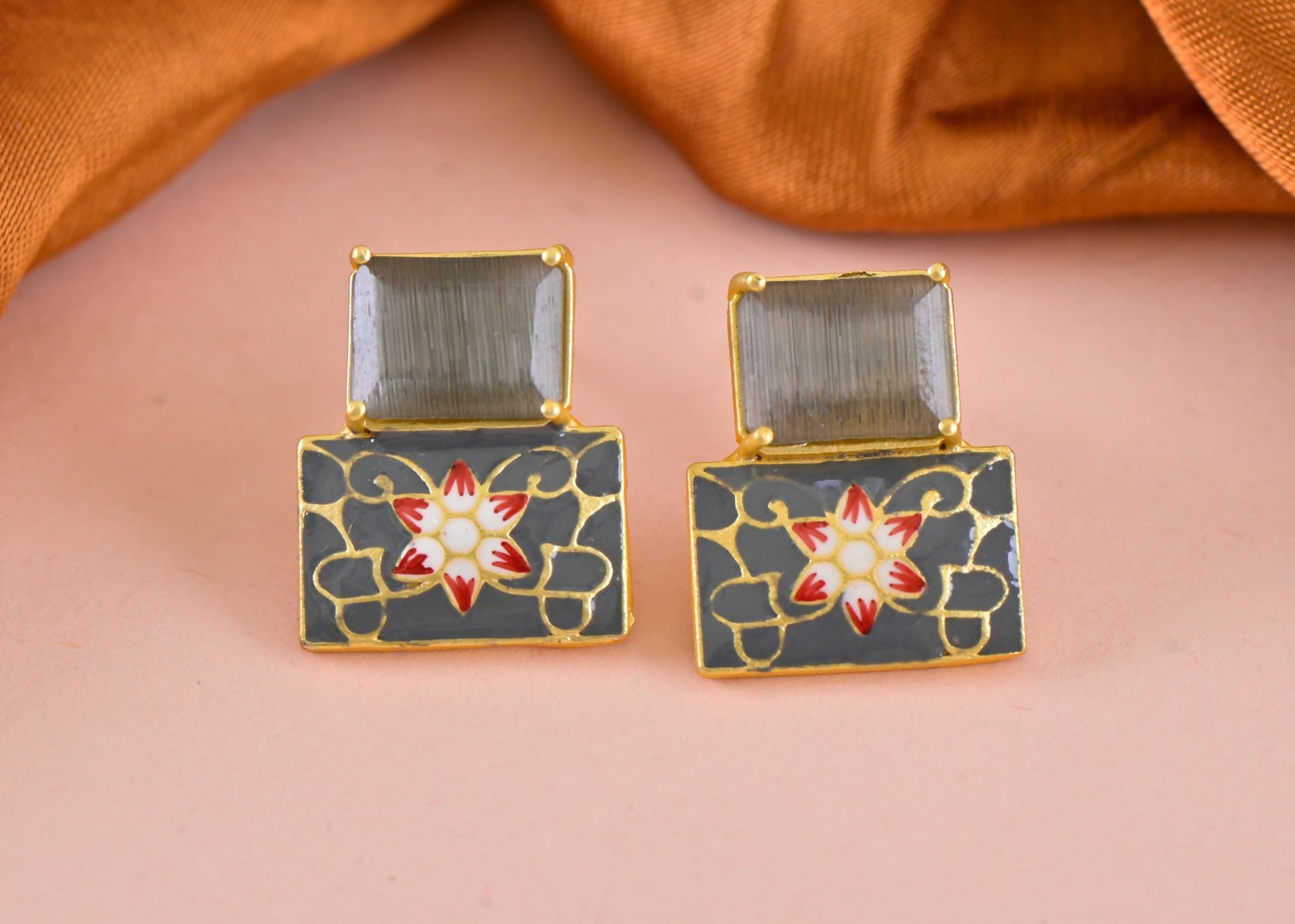 Joban Fashion Women Brass Grey Onyx Earrings 