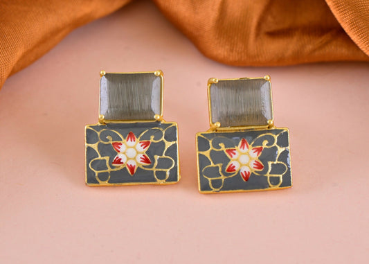 Joban Fashion Women Brass Grey Onyx Earrings 