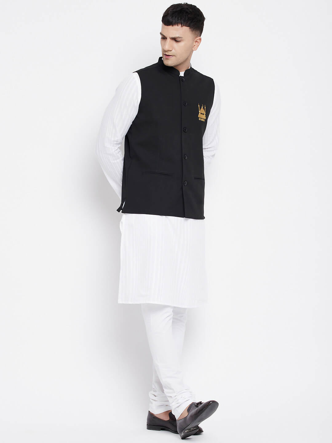 Even Apparels Black Pure Cotton Nehru Jacket With Eid Insignia NJ-PW668-EID