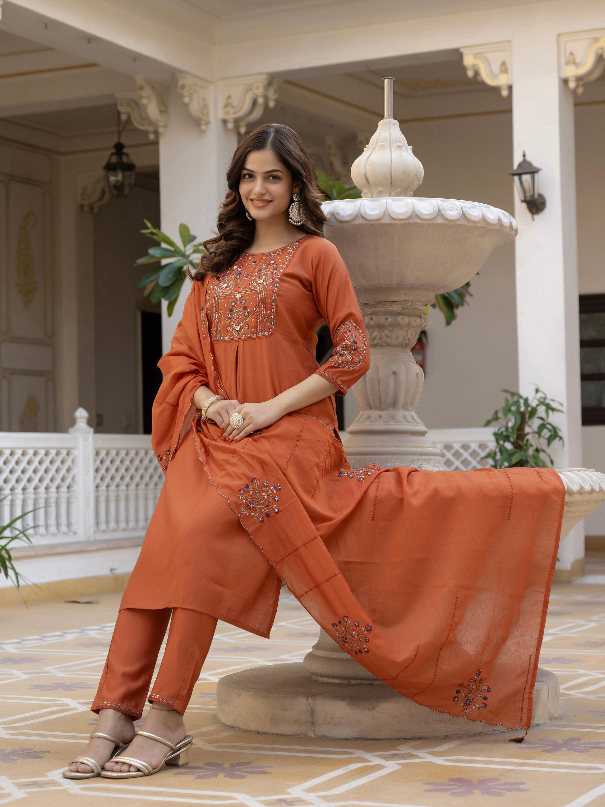 Pramukh Fab Rust Color Viscose Mango Silk Kurta Set
