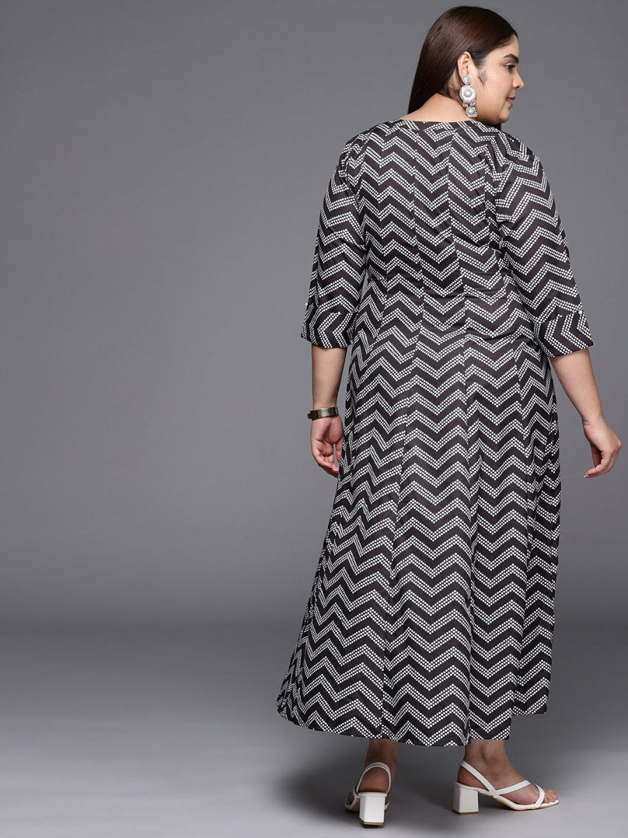 Ahalyaa Plus Size Chevron Print Crepe Mandarin Collar A-line Midi Ethnic Dress  Grab2Buy Ahalyaa Grab2Buy